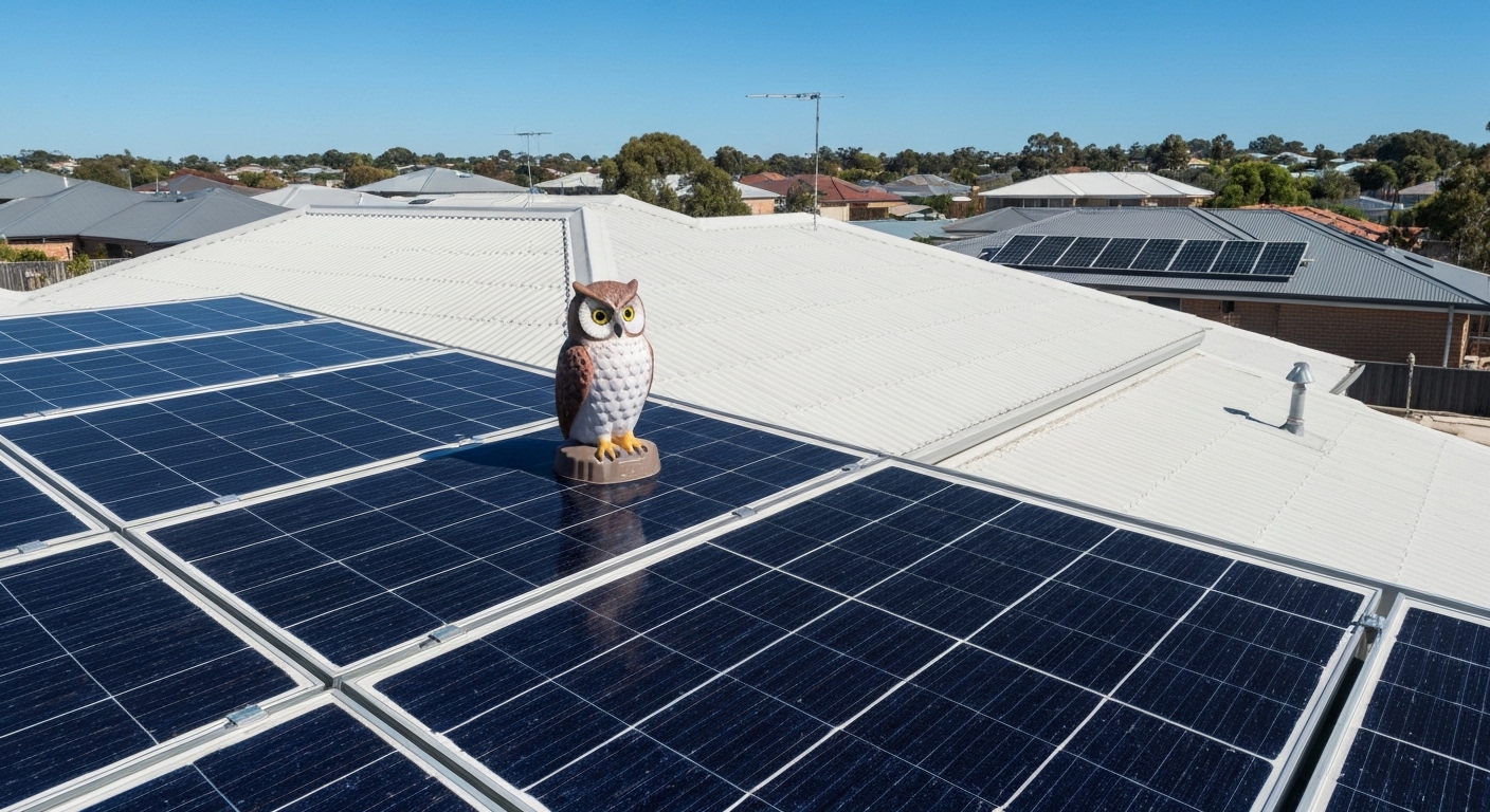Fake owls for solar panels bird deterrent - solar panel cleaning Australia